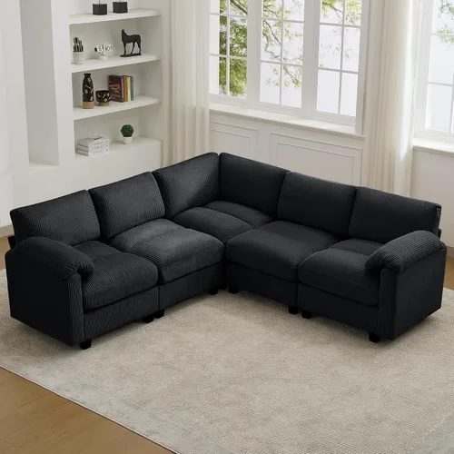Vista 25 de Sofá modular de 61 pulgadas con otomana, asiento extra profundo para sala de estar, sofá de asiento profundo de pana con almohadas para Beige