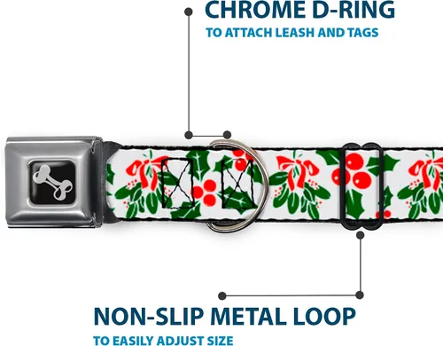 Vista 5 de buckle-down Holly & Mistletoe perro collar HUESO, Wide grande/18 – 32" Holly Mistletoe Durable Metal Adjustable ID Tag Ring