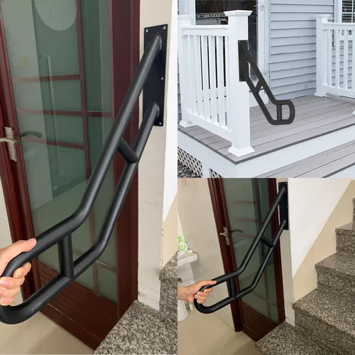 Vista 5 de Pasamanos en forma de U de 25 pulgadas para exteriores de 1 a 3 escalones, barandilla de montaje en pared negra doblada mejorada para interiores