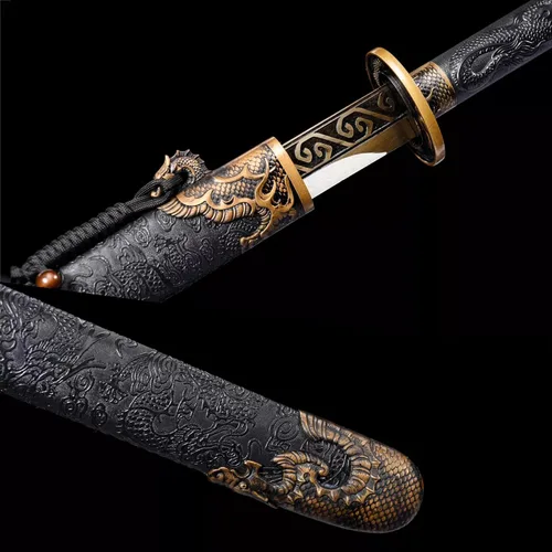 Vista 8 de Espada ancha de dragón dorado, espada china de acero al manganeso afilado, Tang Heng Dao, hoja de espiga completa, espada samurai, katana, arma