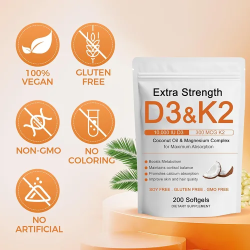 Vista 9 de Vitamina D3 K2 de 10000 UI, extra fuerte Wellness D3K2 con triple magnesio y aceite de coco para una máxima absorción, apoya la salud ósea e