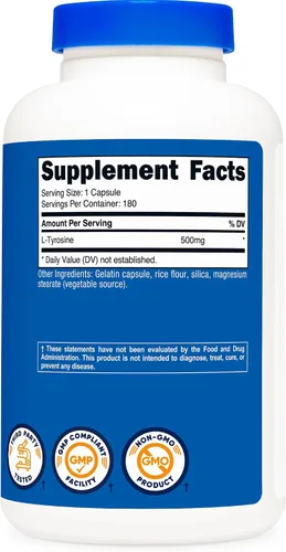 Vista 5 de Nutricost L-Tirosina 500 mg, 180 cápsulas - Sin gluten y sin OMG