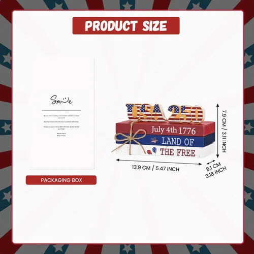 Vista 2 de Smile 4 de julio 250th Anniversary - Bloque de madera con decoración de Estados Unidos, 5 piezas "Land of the Free", bandeja patriótica escalonada