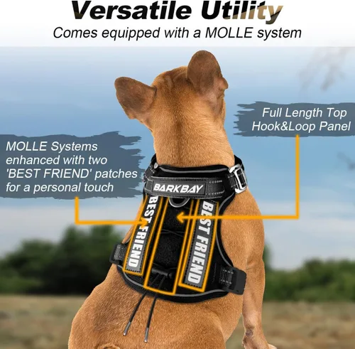 Vista 6 de BARKBAY Chaleco táctico para perro, arnés ajustable reflectante K9, de fácil control, sistema militar Molle para perro, sin tirones, color negro