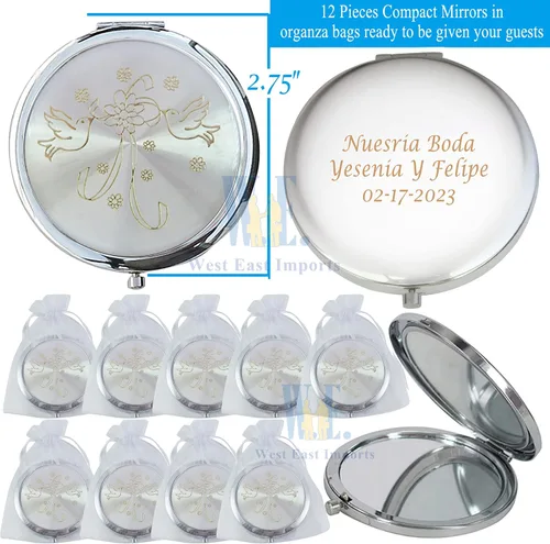 Vista 2 de Favores de boda (12 piezas) personalizado grabado láser de despedida de soltera, decoración de mesa de compromiso espejo compacto
