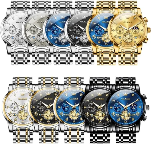 Vista 9 de OLEVS Relojes para hombre de plata, reloj de cronógrafo de acero inoxidable para hombre, reloj analógico de cuarzo de cara grande para hombre