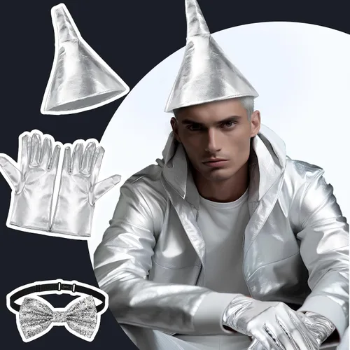 Vista 6 de Juego de 4 piezas de disfraz de Halloween para cosplay, sombrero de embudo ajustable con purpurina para hombre, pajarita brillante y plateado