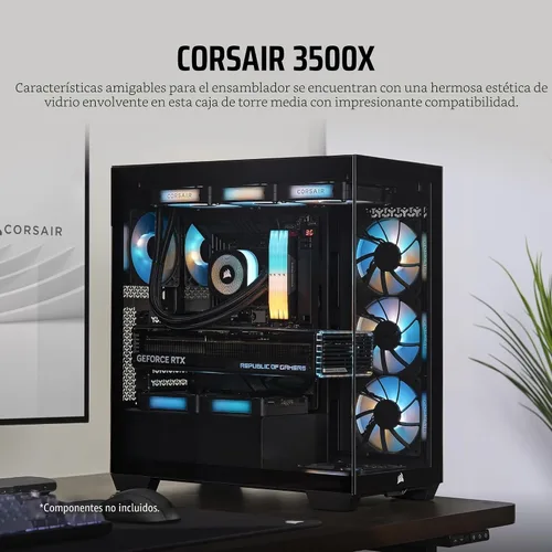 Vista 2 de CORSAIR Carcasa para PC ATX de media torre 3500X, vidrio templado panorámico, compatible con placa base de conexión inversa, no incluye Negro