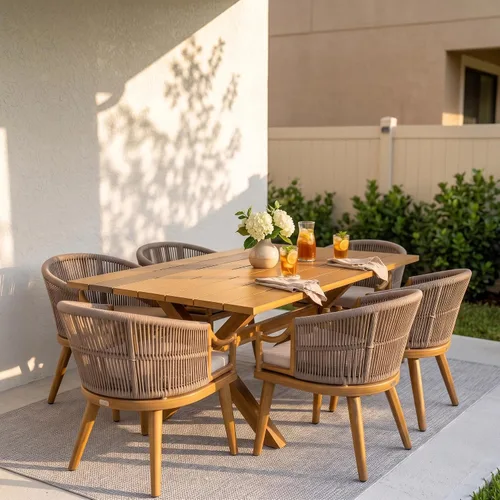 Vista 27 de PURPLE LEAF Juego de comedor de patio para 6 respaldos ergonómicos y cojín Champán