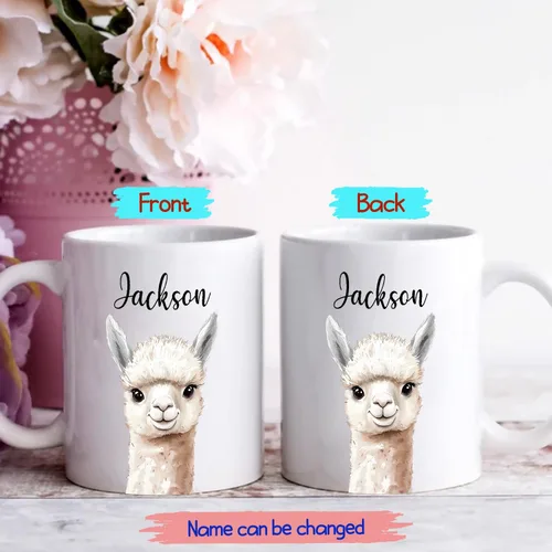 Vista 2 de Tazas de café de alpaca personalizadas elige nombre, regalos para hombres, mujeres, amantes de las alpacas, taza de café personalizada con acento