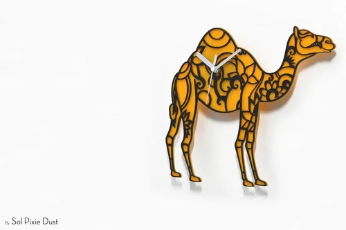 Vista 3 de Camel Silhouette Wall Clock - Yellow & Black Silhouette - Ornamental Decor - Sahara Desert - Moroccan Wall Decor - Camel Clock - Travel Gift