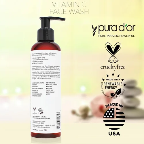 Vista 6 de PURA D'OR Limpiador facial con vitamina C de 8 onzas, limpiador facial rico en antioxidantes para un brillo radiante y un tono de piel uniforme