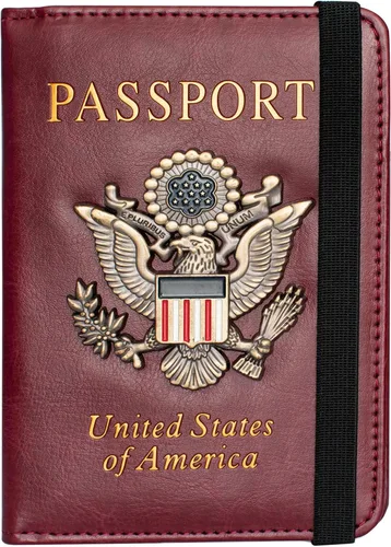 Vista 7 de Funda para pasaporte y ranura para tarjetero, con bloqueo RFID, cartera de piel para pasaporte de viaje para hombres y mujeres, protector de Rojo