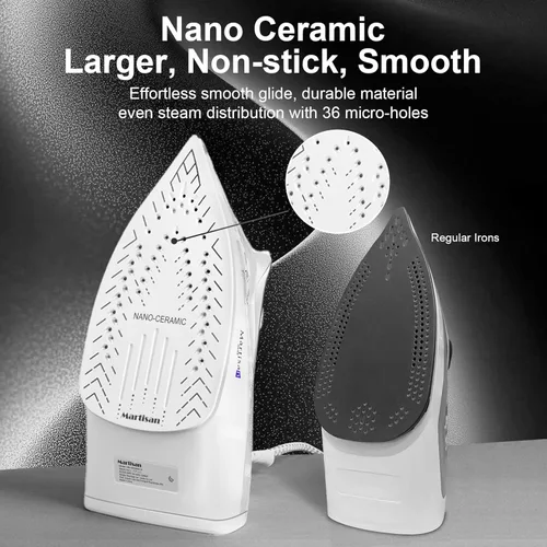 Vista 4 de Martisan Plancha de vapor para ropa, 1800 W, suela de nano cerámica, ráfaga de vapor dinámica, termostato preciso para todas las telas, apagado