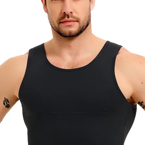 Vista 6 de TOPELLER Camisetas de compresión para hombre, faja moldeadora de pecho, control de abdomen, adelgazante, camiseta interior para entrenamiento