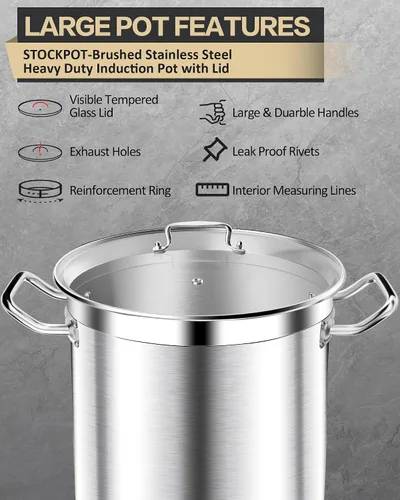 Vista 6 de STOCKPOT Olla de acero inoxidable de 20 cuartos de galón con tapa de vidrio templado, base de 3 capas, 8.8 libras, acabado pulido, adecuada