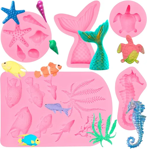Vista 11 de Moldes del chocolate del pescado, moldes del caramelo del silicón del coral del pez del tiburón marino Fondant con temática de mar, decoración