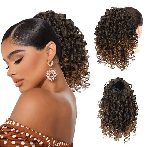 Vista 7 de PEACOCO Extensión de cola de caballo rizada con cordón para mujeres negras - Cola de caballo de 6 pulgadas con clip, postizo sintético de afro corto