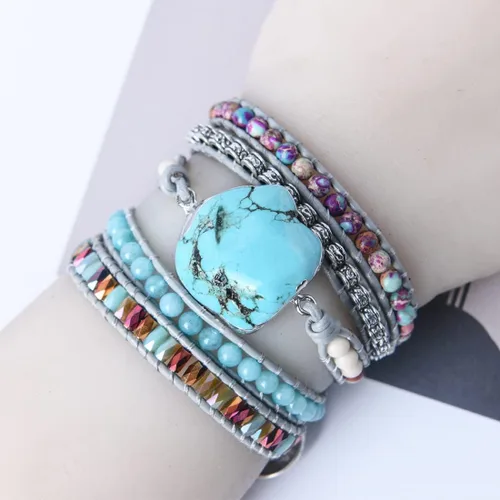 Vista 5 de Ygline Pulsera bohemia hecha a mano, con piedra de cristal, envolvente, de cuero, para mujer