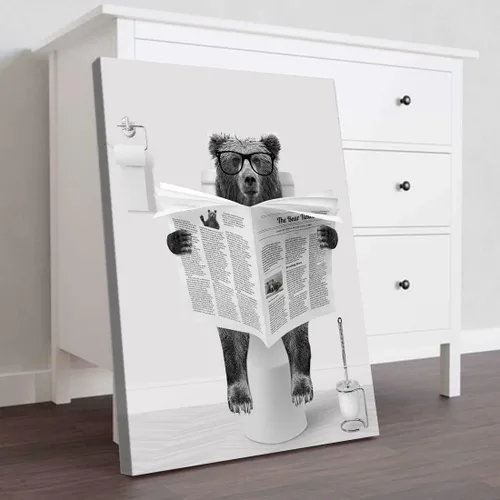 Vista 6 de Decoración de Arte de Pared en Blanco y Negro – Oso con Gafas Sentado en el Inodoro Leyendo Periódico, Impresiones en Lienzo, Imágenes de Animales