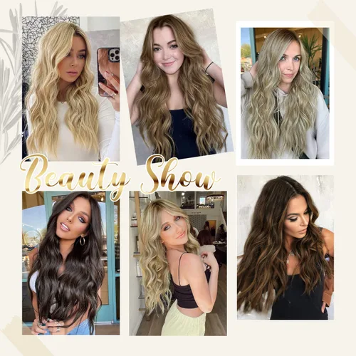 Vista 6 de Extensiones de cabello ondulado marrón, 20 pulgadas, clip, 3.88 oz, 4 clips, 2 cables de repuesto
