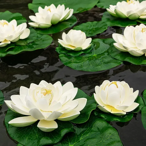 Vista 8 de 16 flores flotantes artificiales para piscina, 7 y 4 pulgadas, almohadillas de lirio de agua falsas, flores de loto, decoraciones flotantes