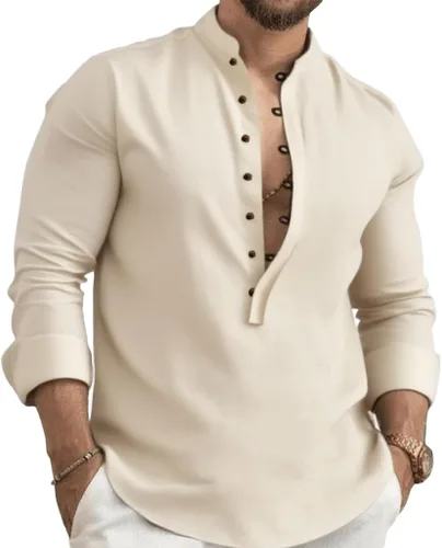 Vista 7 de Kubsid Mens Henley Shirts Casual T Shirt Long Sleeve Banded Collar Button Down Vintage Beach Tops