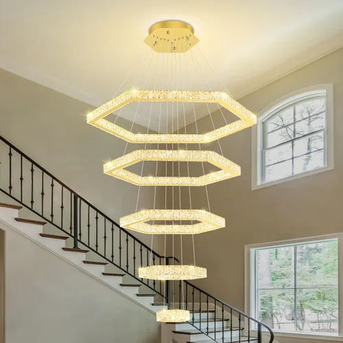 Vista 6 de Lámpara de araña moderna de 5 anillos de oro larga de cristal para techo alto, forma de altura ajustable, regulable 8 pulgadas + 16 pulgadas + 24