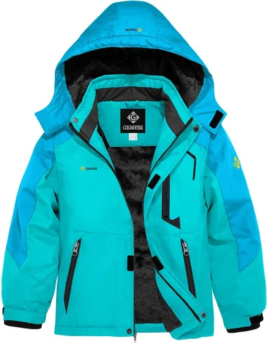 Vista 18 de GEMYSE - Chaqueta de esquí impermeable con capucha y forro polar, resistente al viento, para niño Verde Aqua