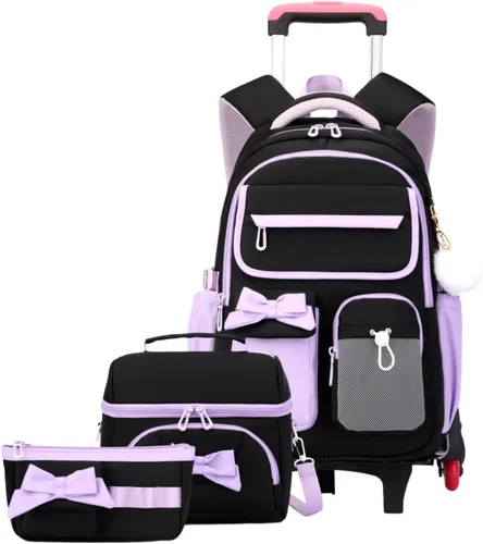Vista 13 de Mochila con ruedas para niñas, mochila con ruedas para escuela primaria, bolsa de libros con ruedas con 6 ruedas, 3 ruedas negras y azules-6