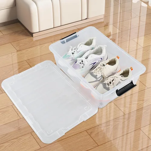 Vista 7 de 4 paquetes de cajas de almacenamiento poco profundas de 20 litros con ruedas, contenedores de plástico debajo de la cama
