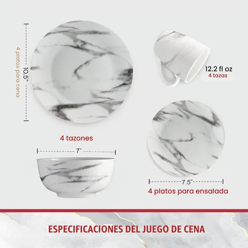 Vista 6 de Safdie & Co. - Juego de vajilla de mármol de 16 piezas, porcelana, color blanco