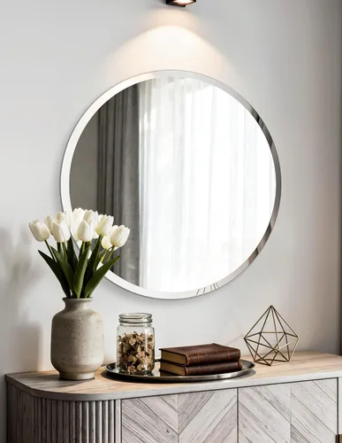 Vista 13 de Espejo de pared ovalado sin marco: Espejo decorativo elíptico de vidrio espejado para tocador con borde plateado biselado para baño, dormitorio