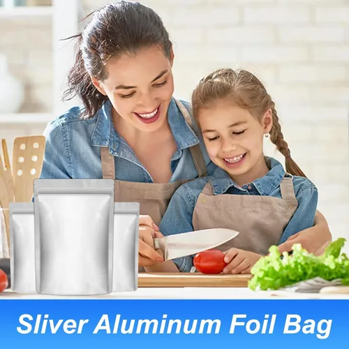 Vista 5 de 100 Pack Mylar Bags for Food Storage, 6" X 8.5" Foil Bags, Reusable Food Storage Bags, Freshie Bags, Stand-Up Zipper Pouches Resealable for Long