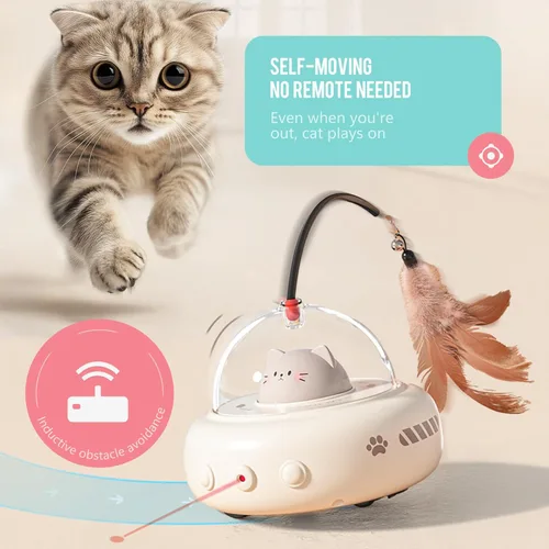 Vista 3 de Li&Zhao - Juguete de interactividad para gatos, juguete automático de plumas láser, juguete eléctrico recargable 2 en 1 para gatos adultos y gatitos