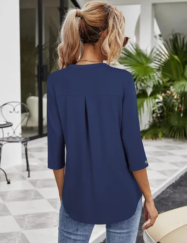 Vista 2 de VALOLIA - Blusa de verano con cuello en V de manga 34, casual, holgada, para el trabajo
