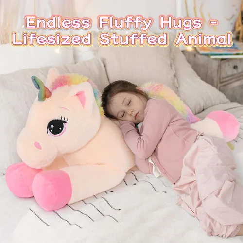 Vista 3 de Tezituor Juguetes de unicornio de peluche de 32 pulgadas, animales de unicornio gigante beige de peluche, encantadoras decoraciones de peluche