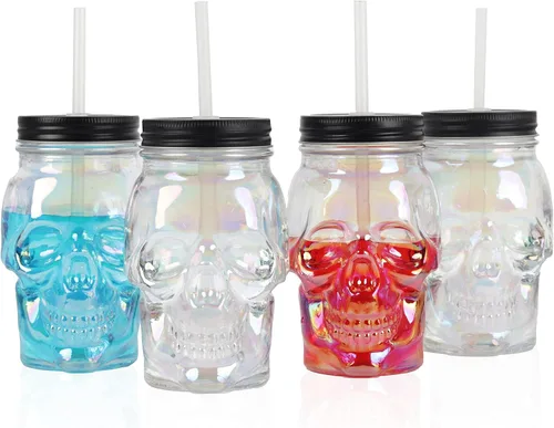 Vista 5 de Servette Home Vaso de 18 onzas con popote reutilizable y tapa a prueba de fugas, vaso de calavera de cristal, iridiscente