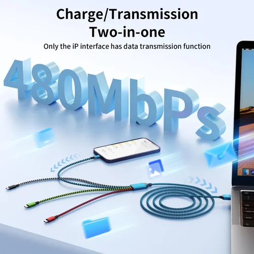 Vista 3 de Cable de carga múltiple 4 en 1, cable de carga USB con 2 cargadores USB C/IP/Micro USB, cargador de teléfono para iPhone 17-8/Android/iPad y más