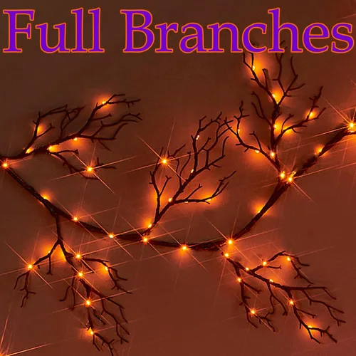 Vista 3 de Fudios Guirnalda de Halloween iluminada con 120 luces LED naranjas y moradas para manto, guirnalda negra de Halloween con luces, 8 funciones