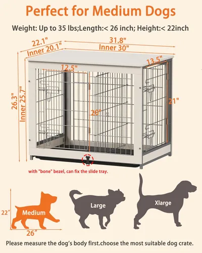 Vista 3 de Piskyet Muebles de madera para perros con panel divisor, mesa auxiliar de jaula para perros con bandeja deslizante fijable, puertas dobles