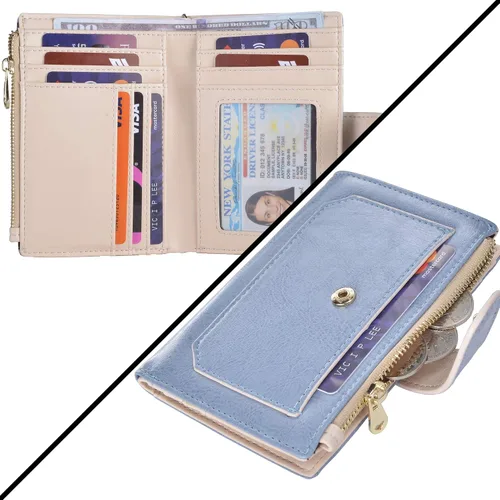 Vista 3 de Billeteras RFID pequeñas y compactas de cuero plegable para tarjetas con bolsillo con cremallera, Azul claro, beige , Compacto