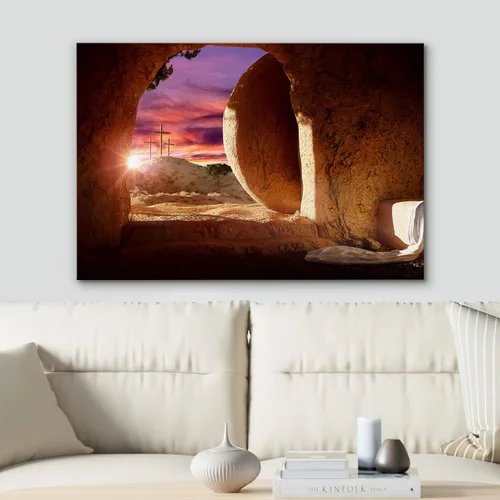 Vista 2 de SIGNWIN Lienzo impreso para pared, cielo atardecer sobre cruces celestiales en la tumba del jardín, Jerusalén, Israel, naturaleza espiritual