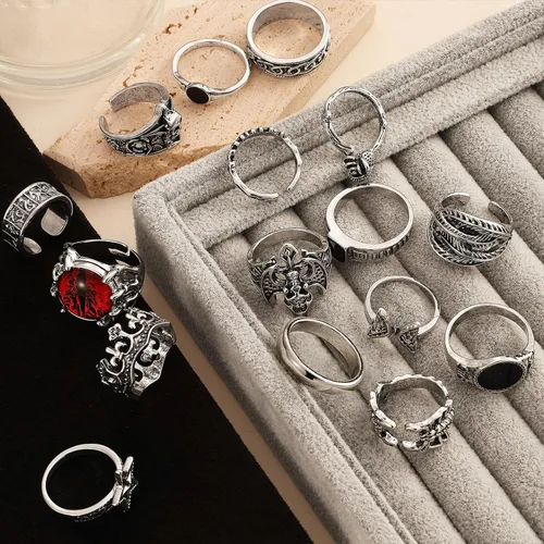 Vista 8 de IFKM Vintage Silver Knuckle Rings Set for Women, Stackable Joint Finger Statement Rings Bohemian Retro Hollow Carved Midi Rings, Boho Halloween