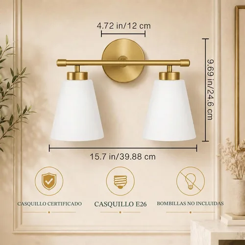 Vista 2 de Hamilyeah Lámpara de tocador de baño dorada con pantalla de vidrio esmerilado, 2 lámparas de tocador sobre espejo, 2 lámparas de pared para baño