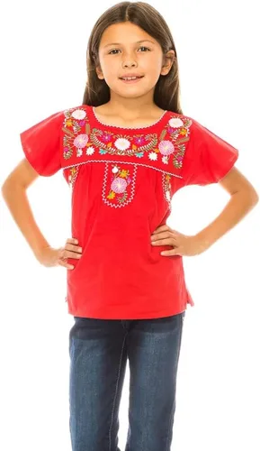 Vista 2 de Blusa bordada tradicional Puebla Mexicana para niña talla 4-14