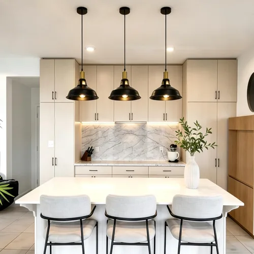 Vista 7 de Lámpara colgante, lámpara colgante industrial de granja con pantalla de metal, iluminación colgante de techo negro y dorado para isla de cocina