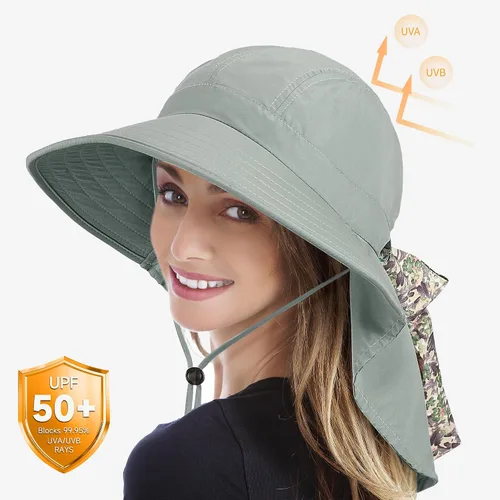 Vista 5 de Solaris UPF 50+ Gorro de ala ancha para mujer - Tamaño pequeño, ligero y plegable, gorro floral refrescante con solapa para el cuello