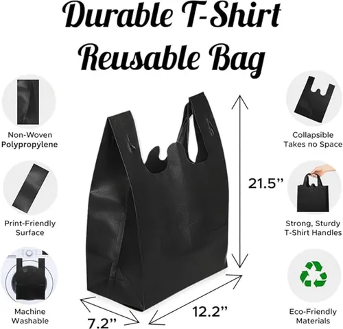 Vista 2 de Simply Cool Bolsas reutilizables ecológicas para camisetas de comestibles de 21.5 x 12.2 x 7.2 pulgadas, 2.12 oz/m², duraderas y lavables, Negro