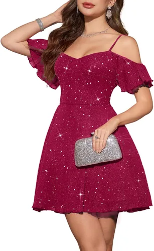 Vista 7 de Meetjen Vestido de cóctel formal brillante acampanado para mujer, vestido Azul marino